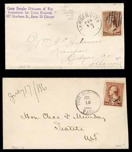 1881-1888 Bank Note Issue (210) 1883 two covers with 2c franking, one dated 1886 from Port Townsend, Wash., with Kicking Mule fancy cancel, the other from Garden City to Edgar Co