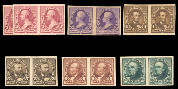 1890-93 Issue (220/226P5) 1890 2c-10c, seven imperf. plate proofs on stamp paper in horizontal pairs, with 2c (two, both without gum), 3c (l.h.), 4c (h.r.), 5c (h.r.), 6c (small h.r.)