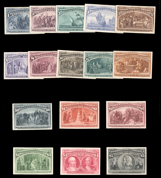 1893 Columbian Exposition (230-45P4) 1893 1c-$5 plate proofs on card, complete set of 16, hinge remainders on back, otherwise brilliant colors and margins, fresh and v.f., cat. value $2,110