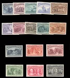 1893 Columbian Exposition (230-45P4) 1893 1c-$5 plate proofs on card, complete set of 16, hinge remainders on back, otherwise brilliant colors and margins, fresh and v.f., cat. value $2,110