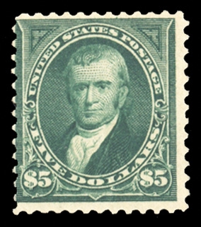 1894-97 Bureau Issue (263) 1894 $5 dark green, n.h., deep color, centered to left, fine and scarce n.h. $5 Marshall, with 2000 PSE certificate, cat. value $15,000