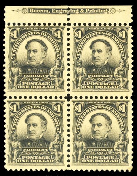 1902-08 Issue (311) 1902 $1 black, top margin and imprint block of four, small h.r. at top, bottom stamps n.h., fine-v.f. block (catalogued as hinged and n.h. singles) cat. value $4,800