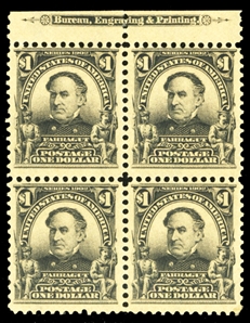 1902-08 Issue (311) 1902 $1 black, top margin and imprint block of four, small h.r. at top, bottom stamps n.h., fine-v.f. block (catalogued as hinged and n.h. singles) cat. value $4,800