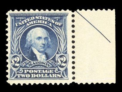1902-08 Issue (312) 1902 $2 dark blue, right part arrow sheet margin single, n.h., post office fresh, v.f., with 1997 PFC and 2024 PSE certificate, cat. value $2,500