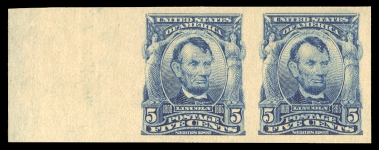 1902-08 Issue (315) 1908 5c blue, left margin horizontal pair, large margins on all other sides, left stamp hinged, right stamp n.h., with 2024 PSE certificate graded XF 90 (SMQ $850 for hinged)