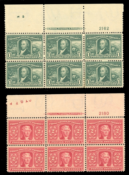 1904 Louisiana-Purchase Exposition (323-324) 1904 1c green and 2c carmine, top margin plate number blocks of four, 1c n.h. with some minor perf. separations, 2c l.h.