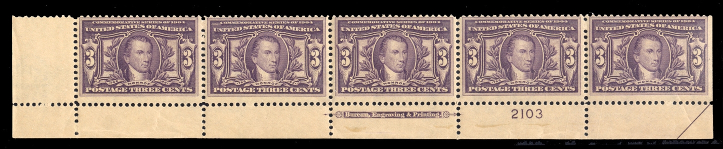 1904 Louisiana-Purchase Exposition (325) 1904 3c violet, bottom margin plate number horizontal strip of five, n.h., perf. separations, fine-v.f., cat. value $965
