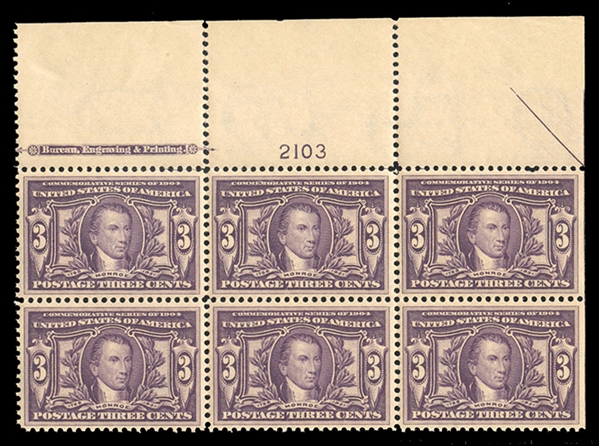 1904 Louisiana-Purchase Exposition (325) 1904 3c violet, Top Plate Number block of six, n.h., natural straight edge at right, extensive perf. separations, fine-v.f., cat. value $1,750