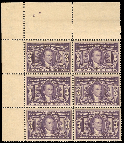 1904 Louisiana-Purchase Exposition (325) 1904 3c violet, upper left sheet corner margin block of six, n.h., fine-v.f., cat. value $1,020