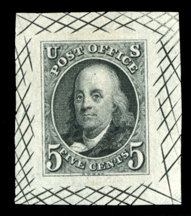 1847 Issue (1TC1bk) 1847 5c black, trial color large die proof on bond, ample margins showing most of the cross-hatching, v.f., cat. value $800