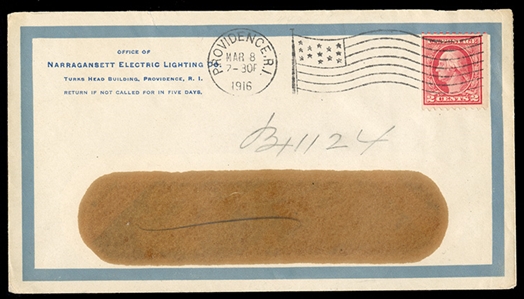1914-17 Issues (449) 1914 2c red, type I, tied by a black Providence, RI matching flag cancel (Mar.8, 1916) on Narragansett Electric Lighting Co. window cover, fine and rare, with 2025 Crowe cert.