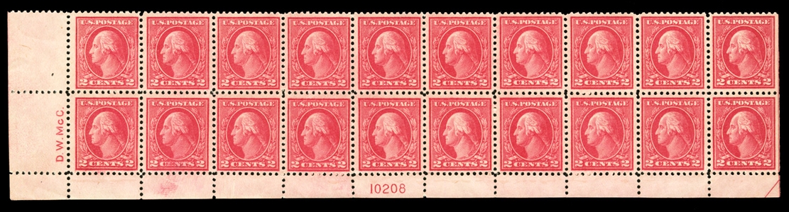 1917-29 Issues (499-500) 1917 2c deep rose, combination left sheet margin block of 20, Types I and Ia, misplaced entry resulting in the scarce Plate No. 10208 block of six, with pos. 95 and 96 Type I