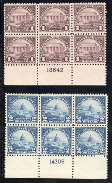 1917-29 Issues (571-572) 1922 $1 violet brown, $2 deep blue, bottom margin plate blocks of six, n.h., fine-v.f., cat.value $1,000
