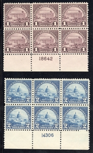 1917-29 Issues (571-572) 1922 $1 violet brown, $2 deep blue, bottom margin plate blocks of six, n.h., fine-v.f., cat.value $1,000