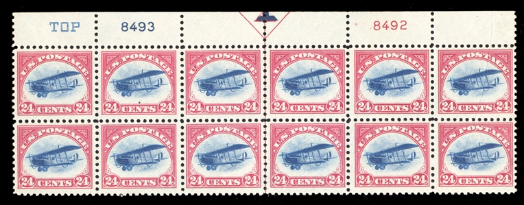 Air Post  C3) 1918 24c carmine rose & blue, TOP only in blue, double Plate No. 8493-8492 block of twelve, rich colors, l.h. in selvage and on one of the bottom stamps
