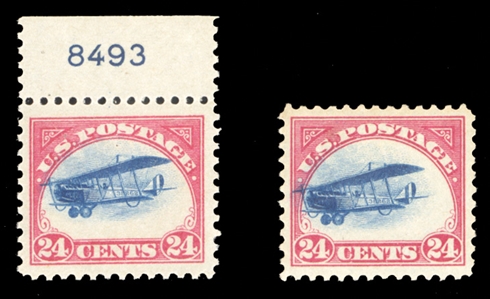 Air Post (C3var) 1918 24c carmine rose & blue, fast plane variety, two single, one with Plate No. at top, each showing shift of vignette to left, well centered, l.h. or n.h., v.f. 