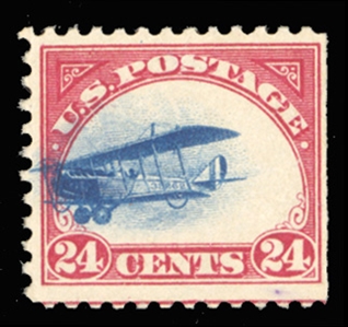Air Post (C3var) 1918 24c carmine rose & blue, fast plane variety, pronounced shift with plane to the left, extending well into the frame, straight edge at right, unused without gum