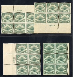 Air Post (C4) 1923 8c green, matched set of four Plate No. 14824 Blocks of six, well centered, left margin block l.h., others n.h., fine-v.f., cat.value $1,230
