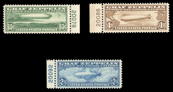 Air Post (C13-15) 1930 Zeppelin, 65c-$2.60, set of three, each with plate number, h.r., fine-v.f., cat. value $1,080