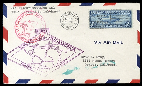 Air Post (C15) 1930 $2.60 blue, well centered and v.f., canceled (not tied) on Washington D.C. (April 19) FDC addressed to Colorado, with usual cachets, with 1999 AFDCS certificate, cat. value $1,200