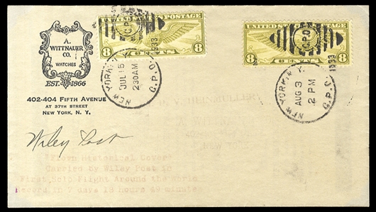 Flight Covers 1933 (15 July), around the world solo flight by Wiley Post, small cacheted cover franked with 8c air mail stamp, addressed to A. Wittnauer Co. of New York