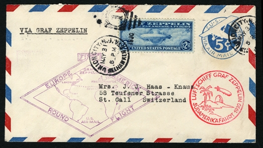 Zeppelin Flights (C15) 1930 $2.60 blue, v.f., used on 5c stationery entire, Europe-South America round-flight addressed to Switzerland, with Friedrichshafen arrival pmk on back