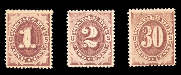 Postage Dues (J15,16,20) 1884 1c, 2c and 30c red brown, three different, n.h. and post office fresh, well centered, fine-v.f., cat. value $975