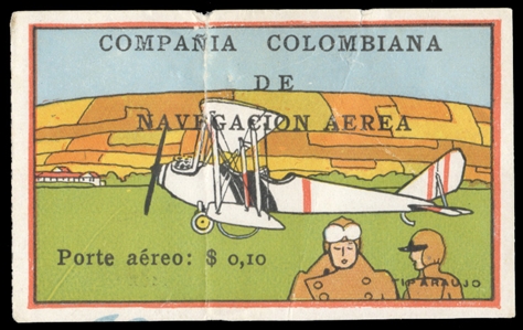 COLOMBIA  Air Post (C9) 1920 10c Plane at Rest, unused without gum as issued, heavy tear, otherwise fine, with 1991 Rendon certificate issued prior to the stamp being torn, cat. value $4,500