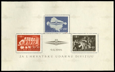 CROATIA Semi-Postals (B76) 1944 Storm Division souvenir sheet of three, n.h., fine-v.f. (Mi.Block 8, €2,200) cat. value $1,650
