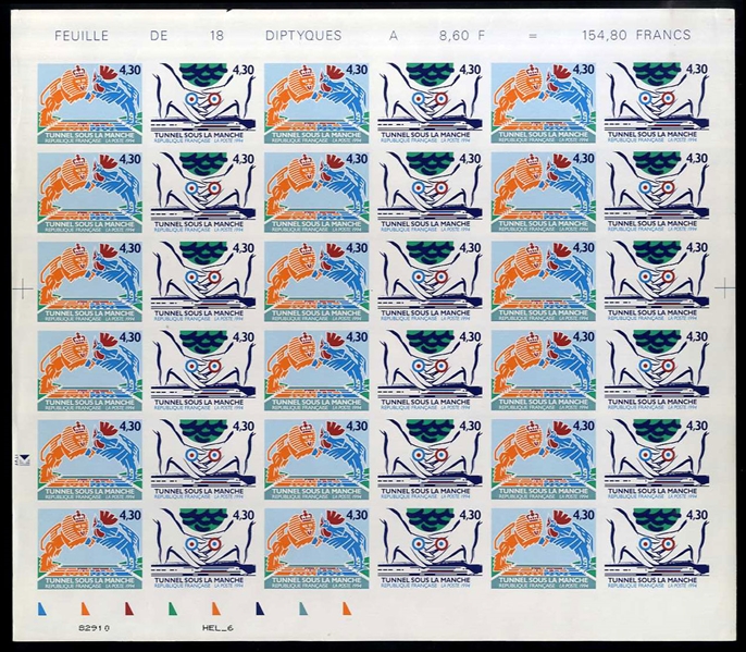 FRANCE (2421-24var) 1994 Opening of the Channel Tunnel, two imperforate se-tenant sheets of 36 (18 sets), n.h., v.f. (Maury 2864-77var) €3,330