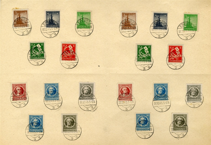 GERMANY Soviet Zone - Thuringia (Mi.92-99) 1945 3pf-30pf, 95 complete sets of 10 (incl. imperf.), used on large pieces, Erfurt 27.12.45 cds, handful with minor toned spots away from the stamps