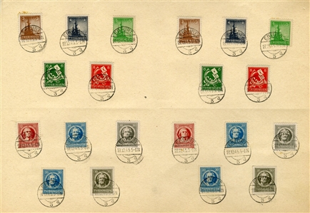 GERMANY Soviet Zone - Thuringia (Mi.92-99) 1945 3pf-30pf, 95 complete sets of 10 (incl. imperf.), used on large pieces, Erfurt 27.12.45 cds, handful with minor toned spots away from the stamps