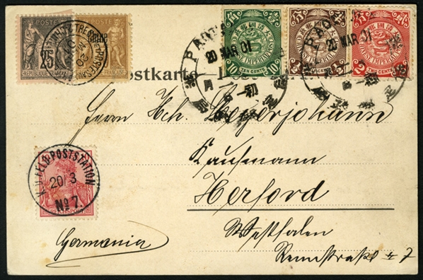 CHINA 1901 (20 Mar) Boxer Rebellion, picture postcard from Paotingfu to Germany, franked with 1/2c, 2c and 10c C.I.P. Coiling Dragon, tied by large Dollar chop departure pmks
