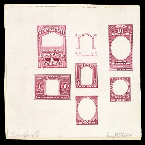 CHINA Revenue Stamps 1910 "Imperial Chinese Post" (design similar to U.S. 1c Louisiana Purchase), American Bank Note Company India proof die sunk on card (120x120mm), total of seven designs