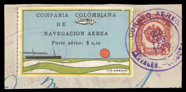 COLOMBIA  Air Post (C10) 1920 10c Ocean Liner, used on piece with additional 3c franking, facial scuff, otherwise v.f., cat. value $1,600