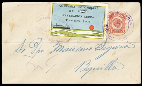 COLOMBIA  Air Post (C10) 1920 10c Ocean Liner, used with 3c Government franking on Feb. 22 cover to Barranquilla, with arrival on reverse, filing fold away from the stamps, otherwise v.f.