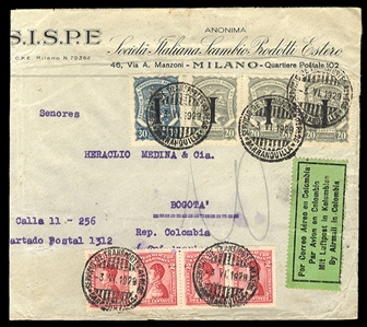 COLOMBIA Consular Air Post - I (Italy) 1929 (3 June) cover (slightly reduced at left) franked with 20c (3), 30c overprinted I, used in combination with 4x2c carmine, flown from Barranquilla