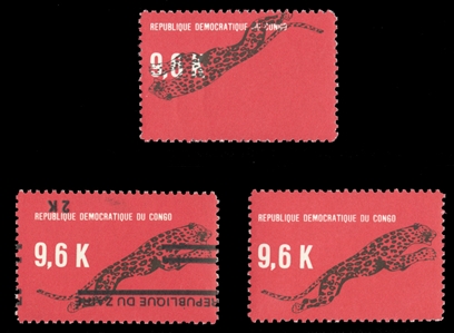CONGO (618var) 1968 9.60k Leopard, center inverted, also Zaire 2k surcharge inverted on 9.60k, n.h., with normal for comparison