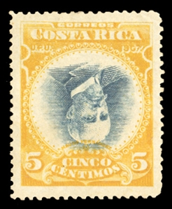 COSTA RICA (62var) 1907 5c yellow and dull blue, perf. 14, center inverted, unused with full original gum, h.r., trivial corner crease at top right, fresh colors, v.f.