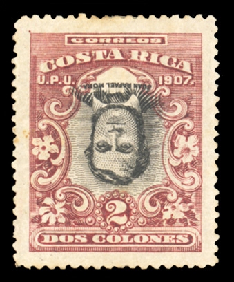 COSTA RICA (68a,var) 1907 2 Colones claret & black, perf. 14, Center Inverted, unused with full original gum, h.r., usual trivial toned perfs at top, fresh colors, v.f.