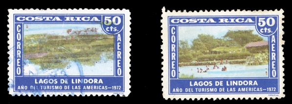 COSTA RICA Air Post (C555var) 1973 50c Lake Lindora, Center Inverted, used, v.f.  The center design is made up of four colors, black, yellow, blue and pink