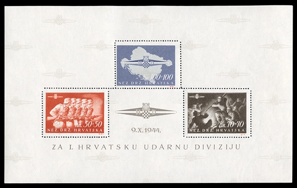 CROATIA Semi-Postals (B76) 1944 Storm Division souvenir sheet of three, n.h., fine-v.f., with 1978 Ercegovic certificate (Mi.Block 8, €2,200) cat. value $1,650