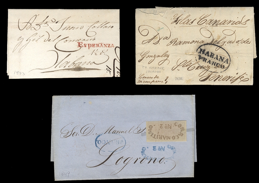 CUBA 1832-49 three stampless letters, first with oval "Habana Franco" to Tenerife (Canary Islands), second with red "Esperanza" to Havana, last with oval "Correo Maritimo No.2" from Havana