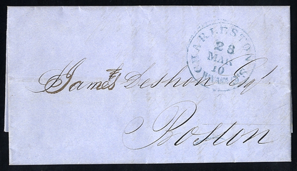CUBA 1855 (28 Mar) FL with contents, from Havana to Boston, with scarce "Charleston S.C. Havana" datestamp in blue, fine 