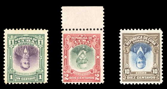 CUBA (239a,240a,244a) 1910 Portraits, 1c green & violet, 2c carmine & green, 10c brown & blue, three different, each with Center Inverted, l.h. or h.r., 2c with sheet margin at top