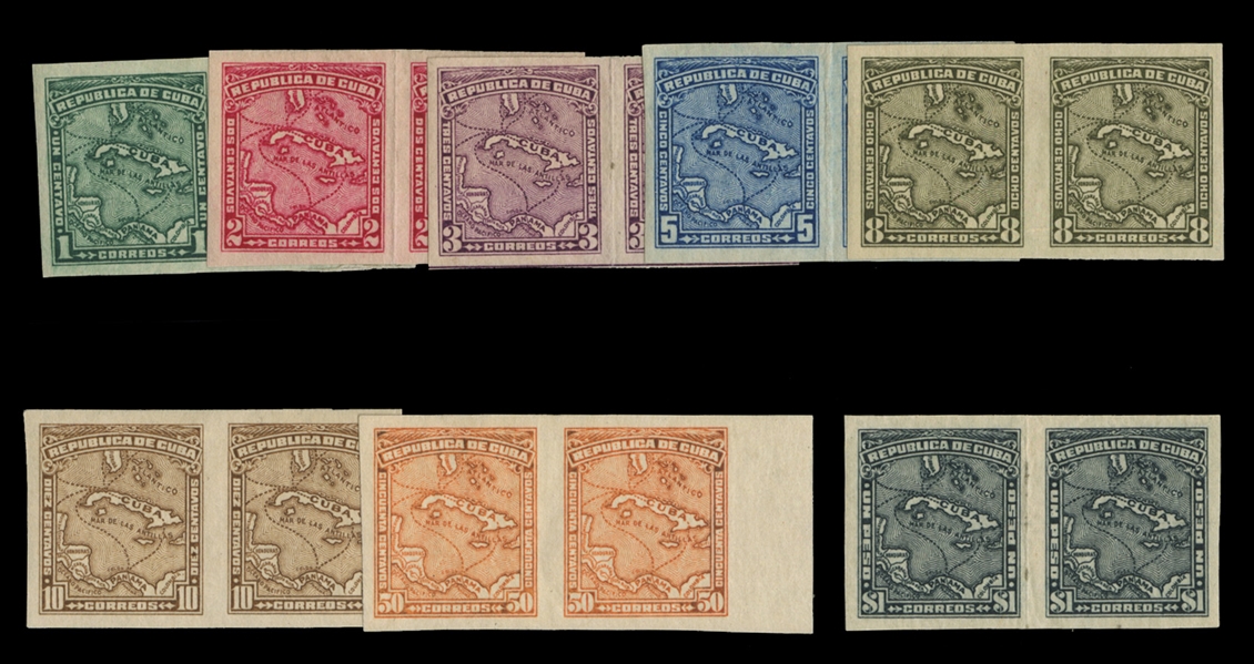 CUBA (253/62var) 1914 Map of Cuba 1c-$1 imperforate horizontal pairs, eight different complete as issued, n.h., v.f. (catalogued as hinged) cat. value $1,500