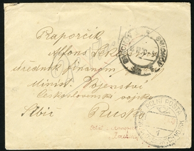 CZECHOSLOVAKIA Czechoslovak Legion Post in Siberia 1920 (18 July) cover from Smichov to the Finance Department of the Czech Legion in Siberia, with Polni Posta Ceskoslovenskych Vojsk arrival