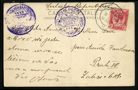 CZECHOSLOVAKIA Czechoslovak Legion Post in Siberia 1920 (9 Sep) picture postcard from Singapore, franked with 4c Straits Settlements, used by a member of the Czech Legion evacuating Siberia 
