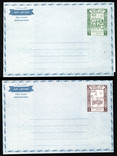 DUBAI  Postal Stationery 1963 Athens Olympics & Scout Issue, 70np and 1r unused airlettersheets, v.f., rare 