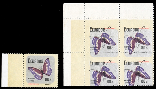 ECUADOR (144var) 1970 80c Butterfly, center inverted, corner margin block of four, with additional vignette shifted downward variety, n.h., with official government handstamp on reverse, fine & rare
